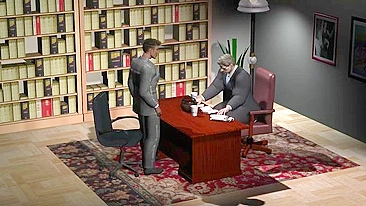 The hentai scene features a gay boss who makes his new employees fuck him.