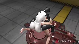 Sci-fi hentai scene featuring a female android and a girl engaged in oral sex.