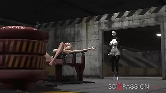 Sci-fi hentai scene featuring a female android and a girl engaged in oral sex.