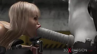 Sci-fi hentai scene featuring a female android and a girl engaged in oral sex.