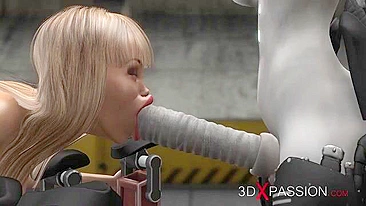 Sci-fi hentai scene featuring a female android and a girl engaged in oral sex.