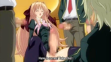 A petite schoolgirl masturbates with a large dick in public.