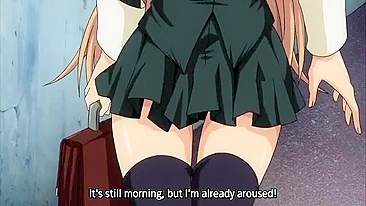 A petite schoolgirl masturbates with a large dick in public.