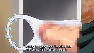 A petite schoolgirl masturbates with a large dick in public.