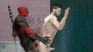 Deadpool fucks a guy in the bathroom with hentai-style action.