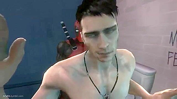 Deadpool fucks a guy in the bathroom with hentai-style action.