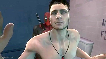 Deadpool fucks a guy in the bathroom with hentai-style action.