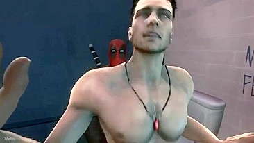Deadpool fucks a guy in the bathroom with hentai-style action.