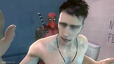 Deadpool fucks a guy in the bathroom with hentai-style action.