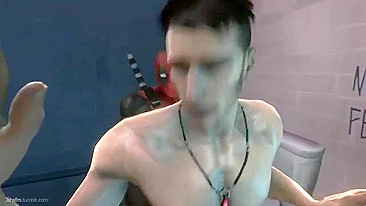 Deadpool fucks a guy in the bathroom with hentai-style action.