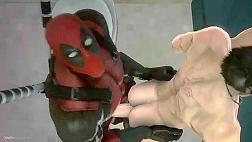 Deadpool fucks a guy in the bathroom with hentai-style action.
