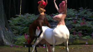 Futanari centaurs engage in passionate sex in a lush forest setting.