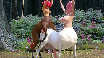 Futanari centaurs engage in passionate sex in a lush forest setting.