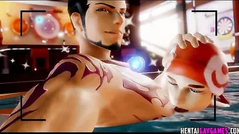 Hentai muscular Asian men engage in anal play with sex toys.