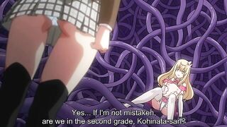 A petite schoolgirl is sexually pleasured by a futanari and tentacles in an erotic hentai scene.