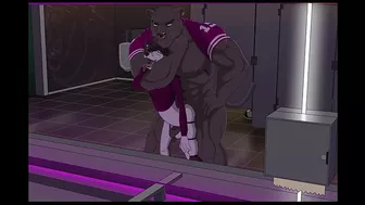 Hentai gay twink Dugan gets bred by muscular jock Ubzerd in a steamy bathroom.