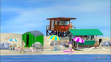 Hentai sex adventure with big interracial partners on a beach.