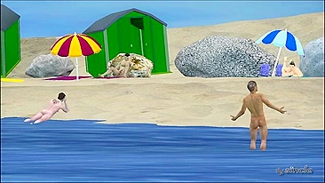 Hentai sex adventure with big interracial partners on a beach.