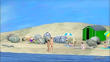 Hentai sex adventure with big interracial partners on a beach.