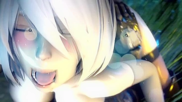 NieR Automata 2B is captured and roughed up in a hentai gangbang scene.