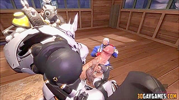 Hentai video featuring interracial sex between humans and Overwatch gay characters in a compilation.