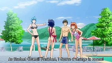 Hentai sex scene with a schoolgirl and two hot anime babes on the beach.