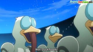 Busty blonde gets gangbanged by ducks with boners in hentai sex.