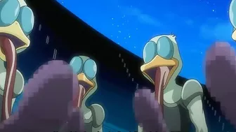 Busty blonde gets gangbanged by ducks with boners in hentai sex.