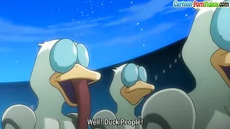 Busty blonde gets gangbanged by ducks with boners in hentai sex.