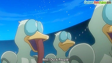 Busty blonde gets gangbanged by ducks with boners in hentai sex.
