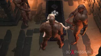 A young woman is sexually assaulted by monstrous creatures in a dimly lit prison. A young woman is sexually assaulted by monstrous creatures in a dimly lit prison.