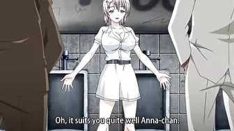 Hentai video featuring busty lesbians with double dildos and a hot bathroom scene.