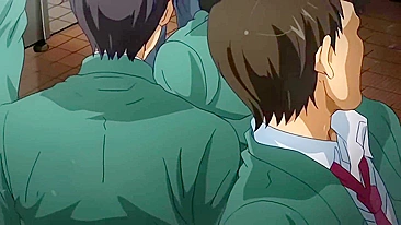 Hentai anime brunette with big tits gets gangbanged in public bathroom.