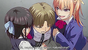 Horny schoolgirls battle for a guy in a hot threesome.