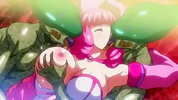 A buxom warrior battles a tentacled beast in an erotic hentai scene.