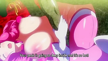 A buxom warrior battles a tentacled beast in an erotic hentai scene.