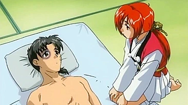 Injured hentai warrior receives healing double blowjob.