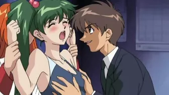 A hentai anime scene featuring a dark-haired schoolgirl in a swimsuit getting sexually assaulted by fellow students.