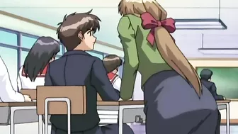 A hentai anime scene featuring a dark-haired schoolgirl in a swimsuit getting sexually assaulted by fellow students.