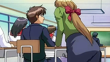 A hentai anime scene featuring a dark-haired schoolgirl in a swimsuit getting sexually assaulted by fellow students.