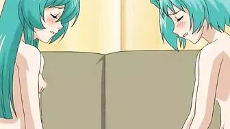 Horny twins indulge in kinky threesome with well-endowed partner on Hentai porn site.