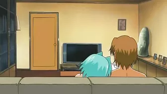 Horny twins indulge in kinky threesome with well-endowed partner on Hentai porn site.