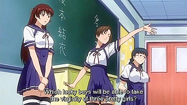 Curvy schoolgirls engage in a steamy orgy with each other in a classroom on a hentai website.