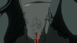 The demonic monster violently penetrates the tight, wet holes of a young anime character on a hentai website.