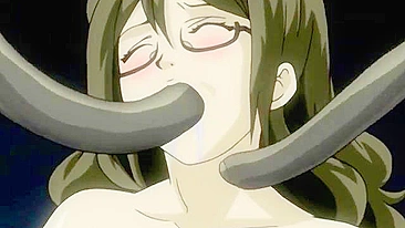 The demonic monster violently penetrates the tight, wet holes of a young anime character on a hentai website.