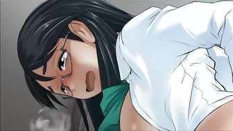 Horny hentai teen with glasses stuffs fruits in ass.