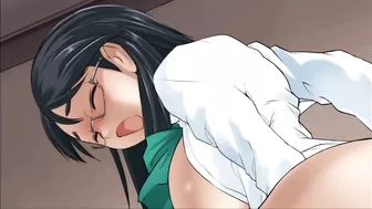 Horny hentai teen with glasses stuffs fruits in ass.