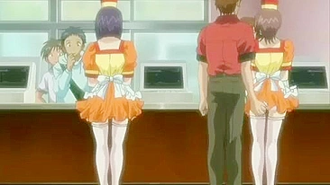 Burger shop manager has sex with busty teen employee in break room. #Hentai
