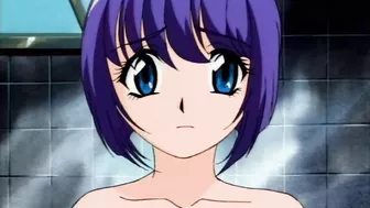 Seductive hentai scene featuring a cute teen and her lover in the bathtub.