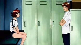 Seductive hentai scene featuring a cute teen and her lover in the bathtub.